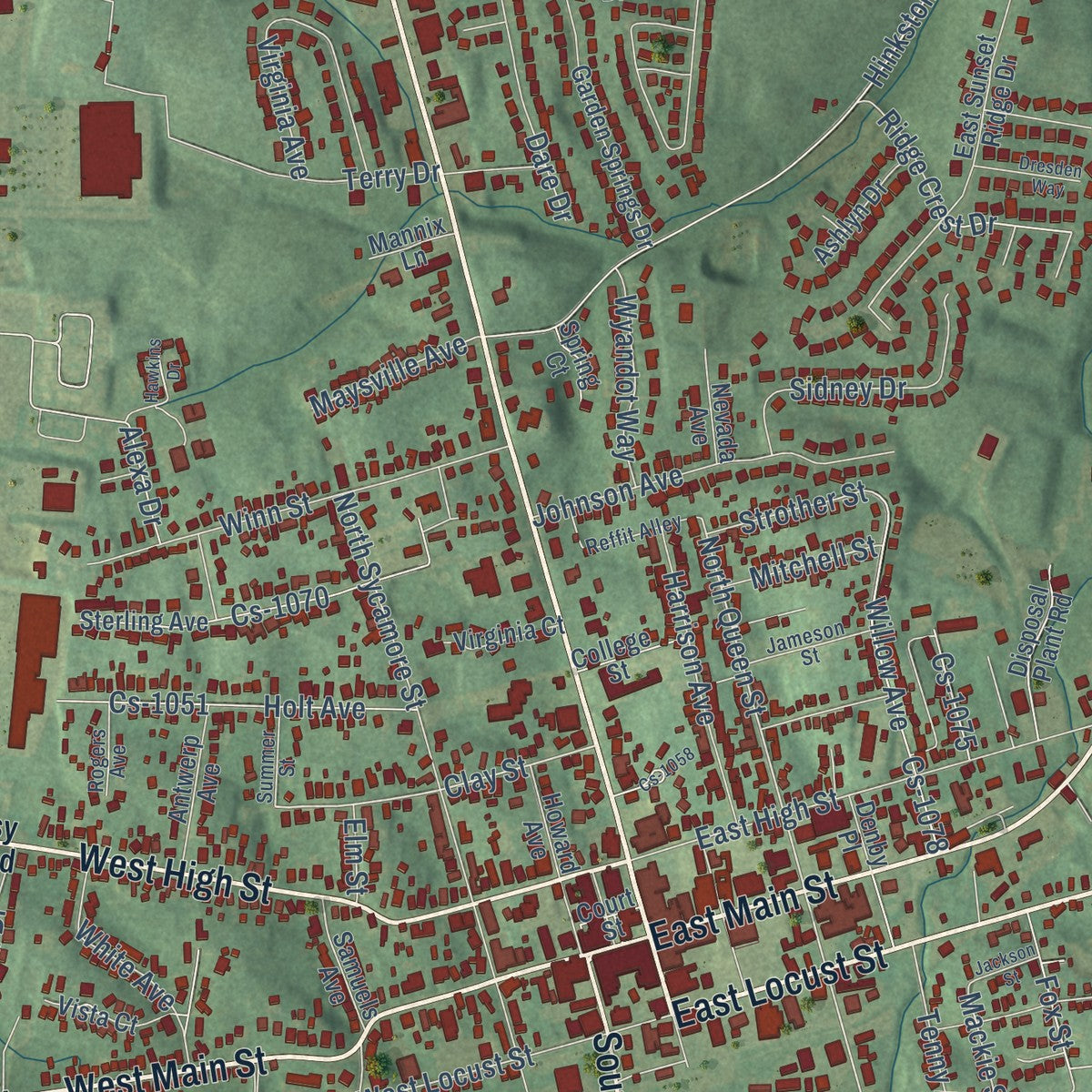 Close-up of the map of Mount Sterling, Kentucky print showing street and building detail