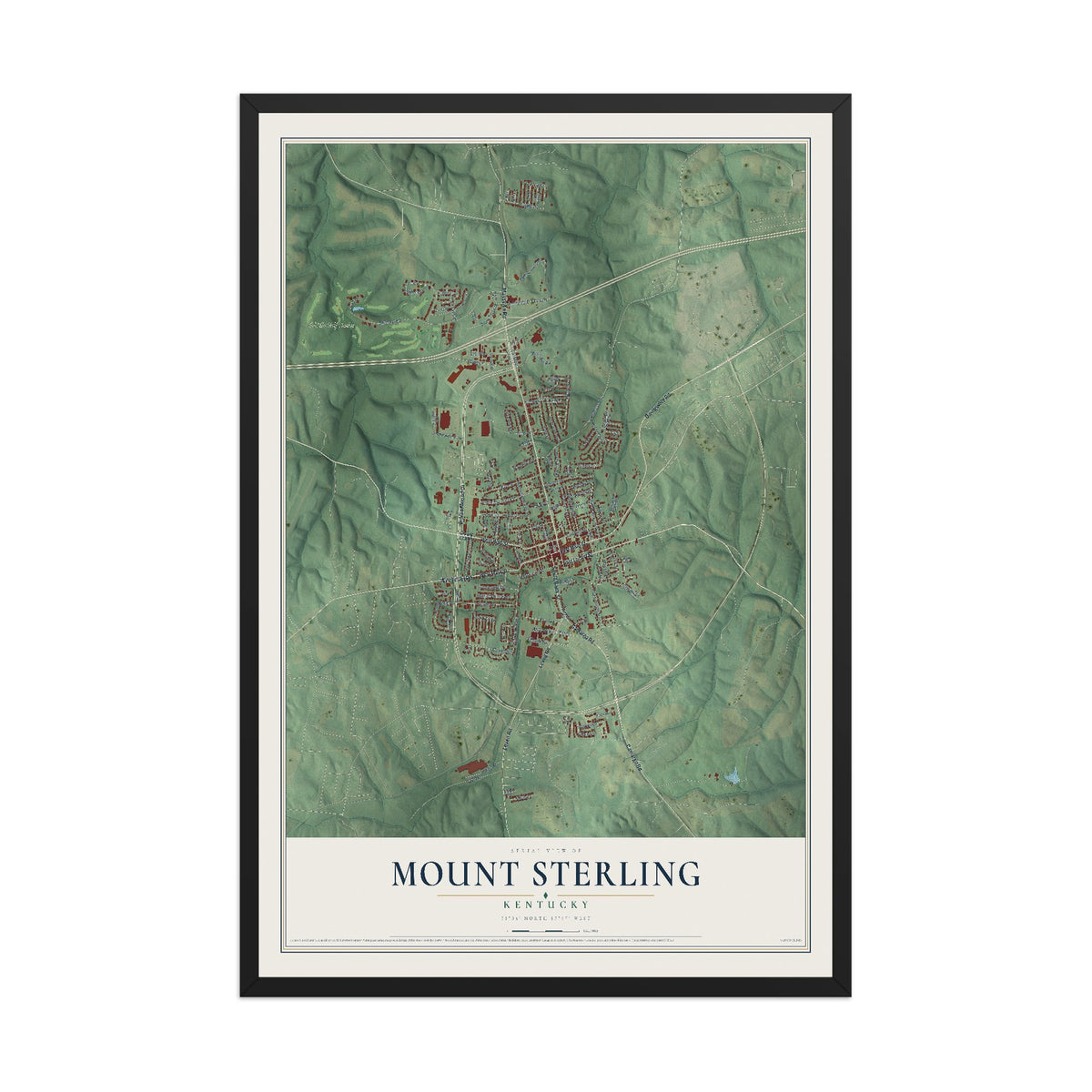 Map of Mount Sterling, Kentucky, 12 x 18 inch print in a black wood frame