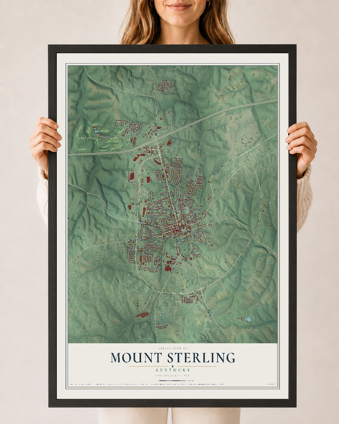 Map of Mount Sterling, Kentucky, 24 x 36 inch print in a black wood frame