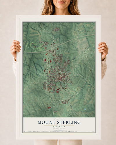 Map of Mount Sterling, Kentucky, 24 x 36 inch print in a white wood frame