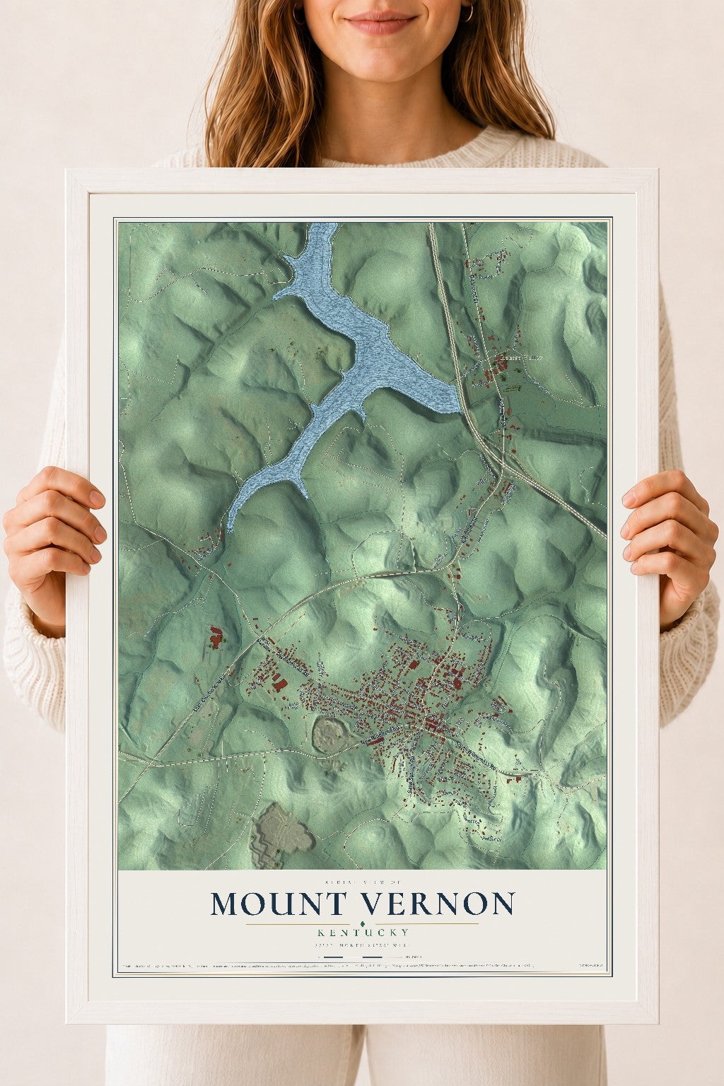 Map of Mount Vernon, Kentucky, 18 x 24 inch print in a white wood frame