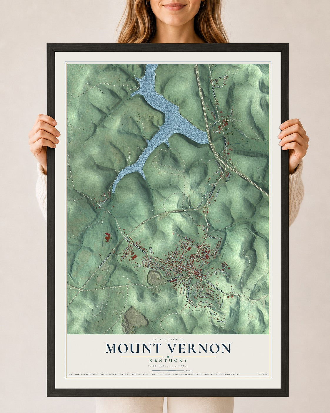 Map of Mount Vernon, Kentucky, 24 x 36 inch print in a black wood frame