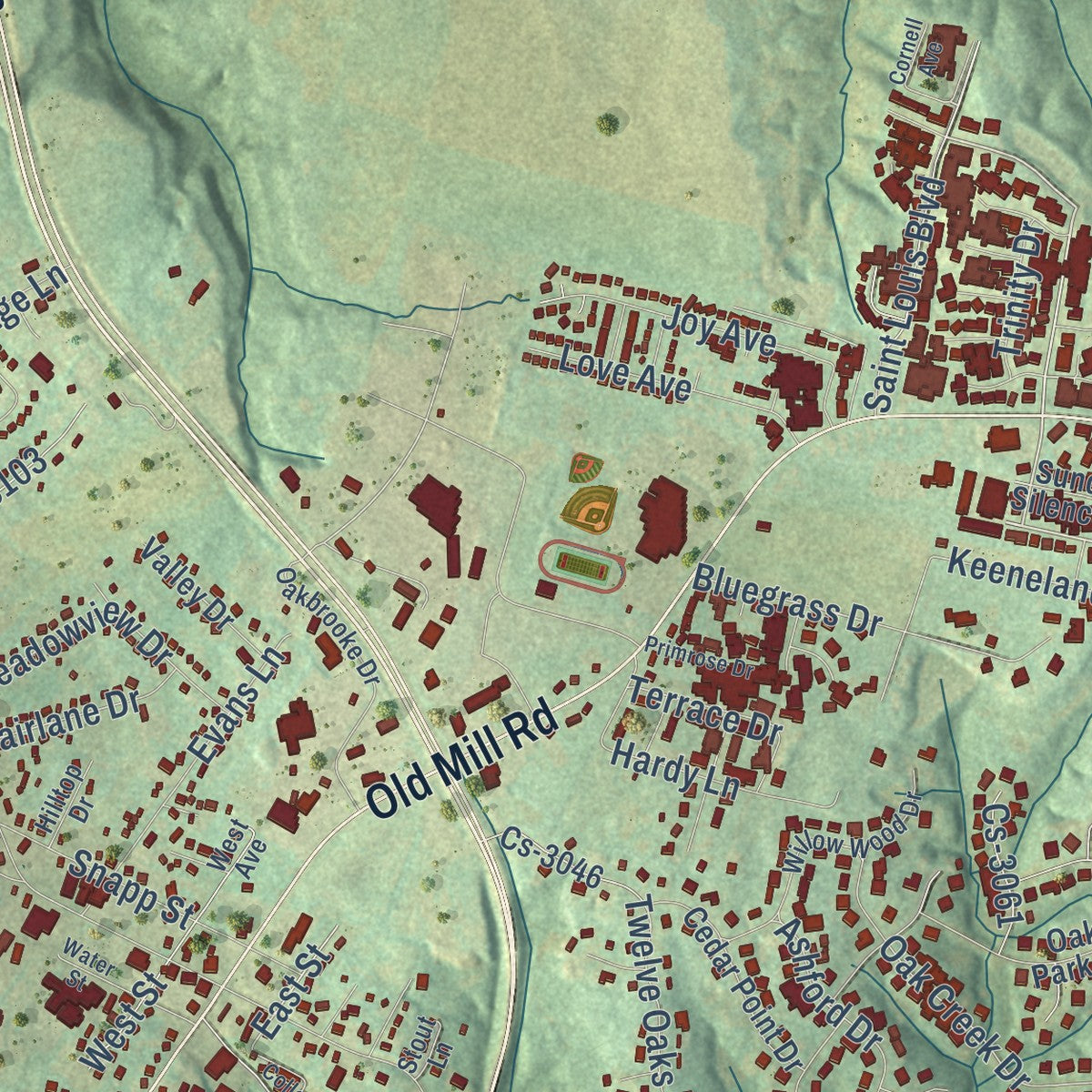 Close-up of the map of Mount Washington, Kentucky print showing street and building detail