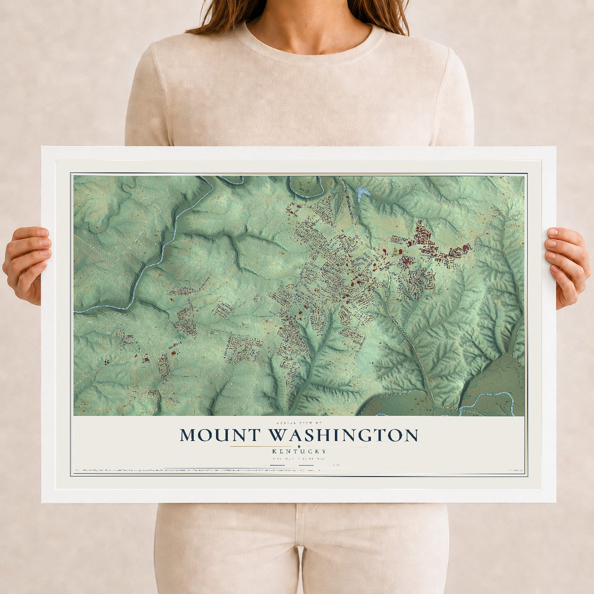 Map of Mount Washington, Kentucky, 12 x 18 inch print in a white wood frame