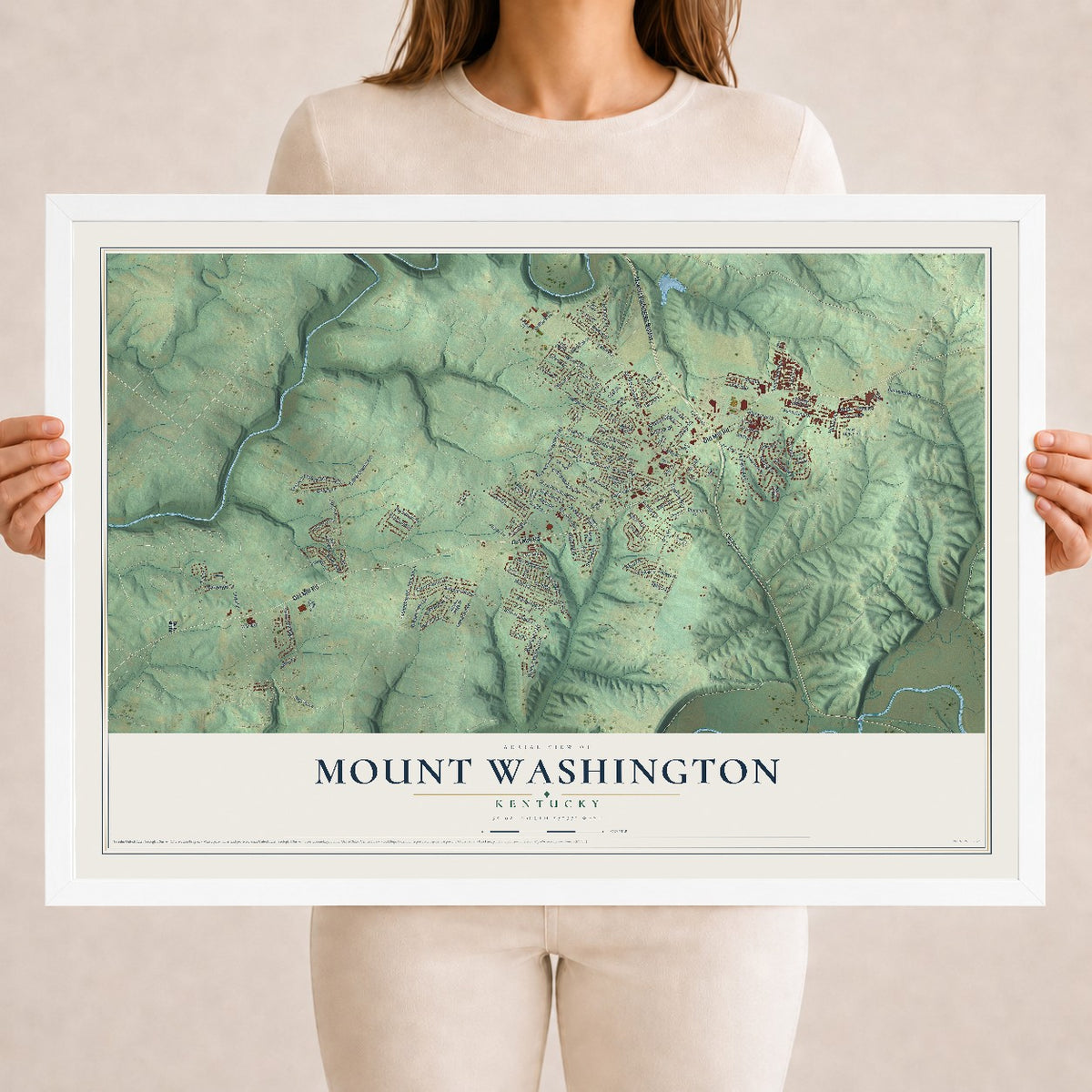 Map of Mount Washington, Kentucky, 18 x 24 inch print in a white wood frame