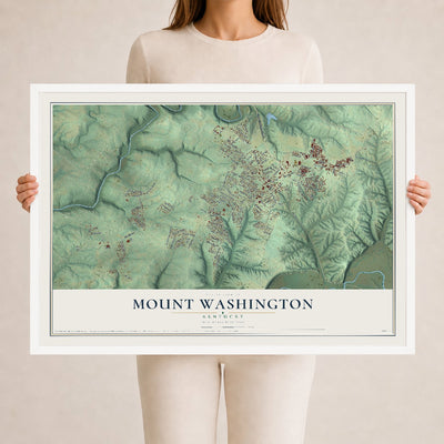 Map of Mount Washington, Kentucky, 24 x 36 inch print in a white wood frame