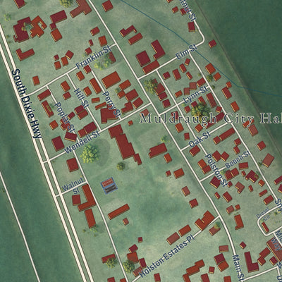 Close-up of the map of Muldraugh, Kentucky print showing street and building detail