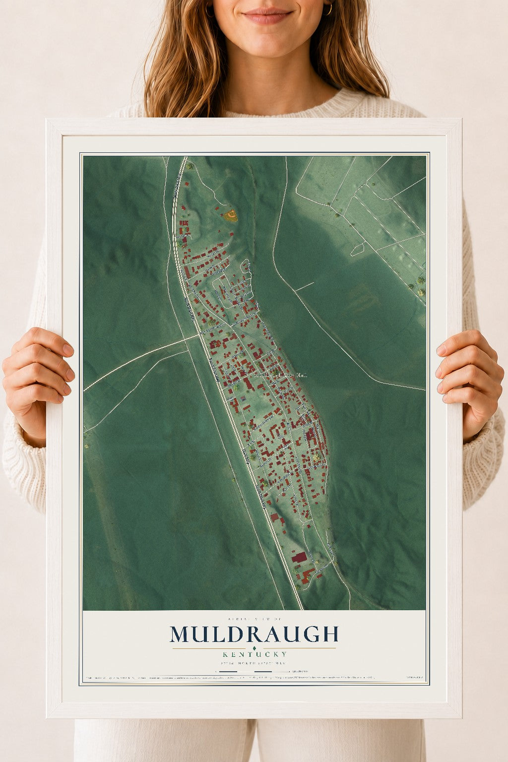 Map of Muldraugh, Kentucky, 18 x 24 inch print in a white wood frame