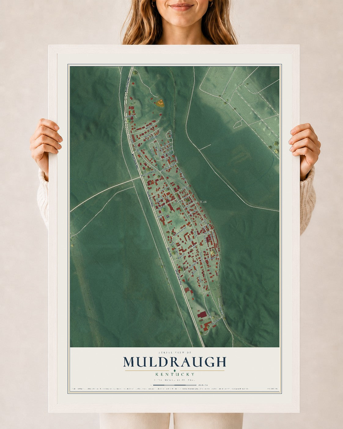Map of Muldraugh, Kentucky, 24 x 36 inch print in a white wood frame