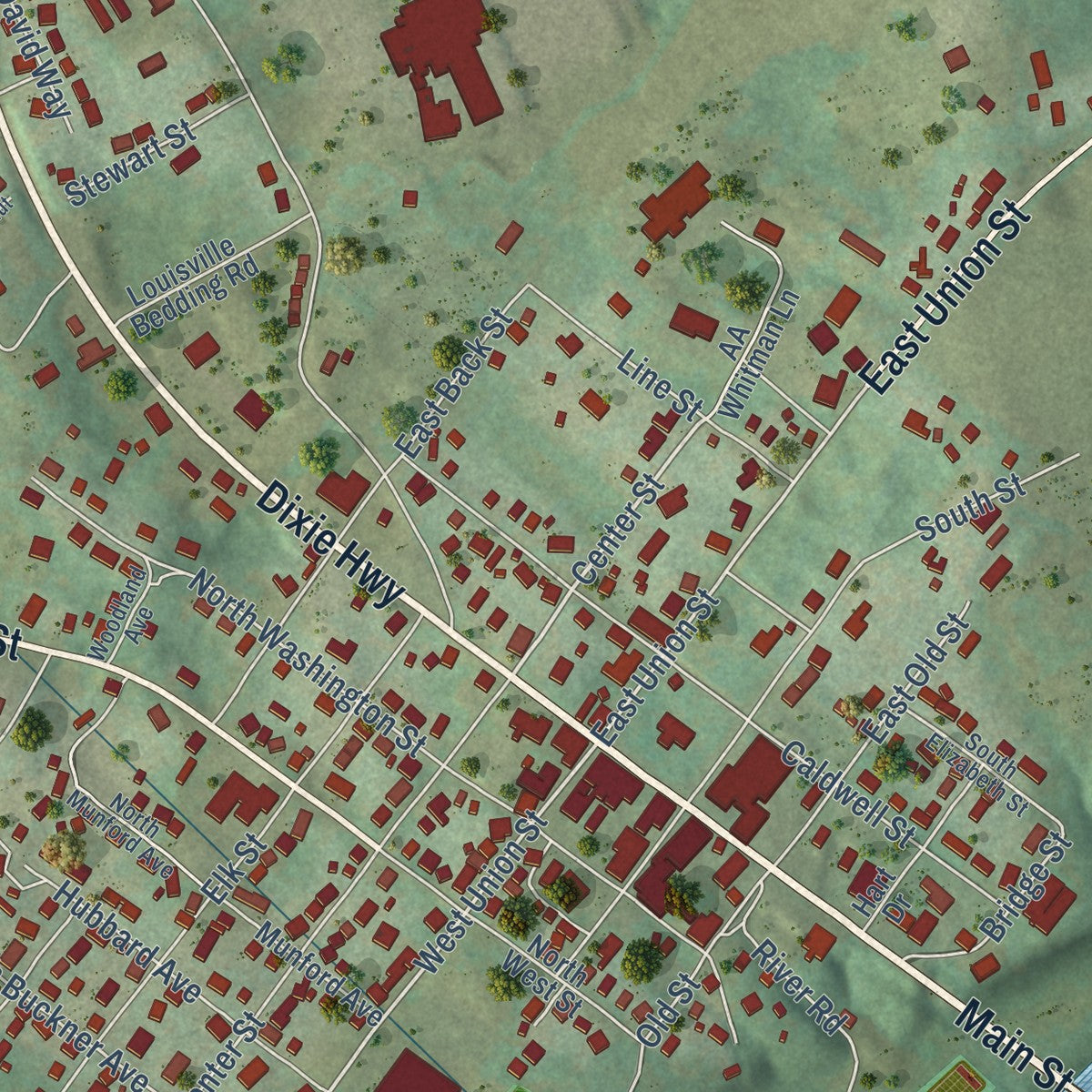 Close-up of the map of Munfordville, Kentucky print showing street and building detail