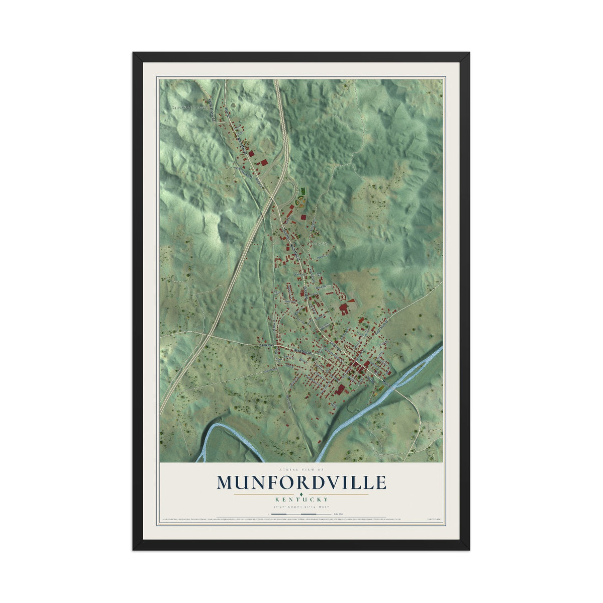 Map of Munfordville, Kentucky, 12 x 18 inch print in a black wood frame