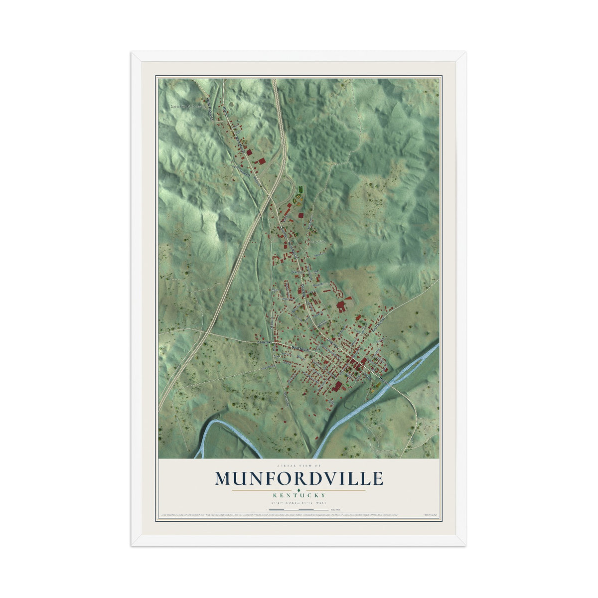 Map of Munfordville, Kentucky, 12 x 18 inch print in a white wood frame