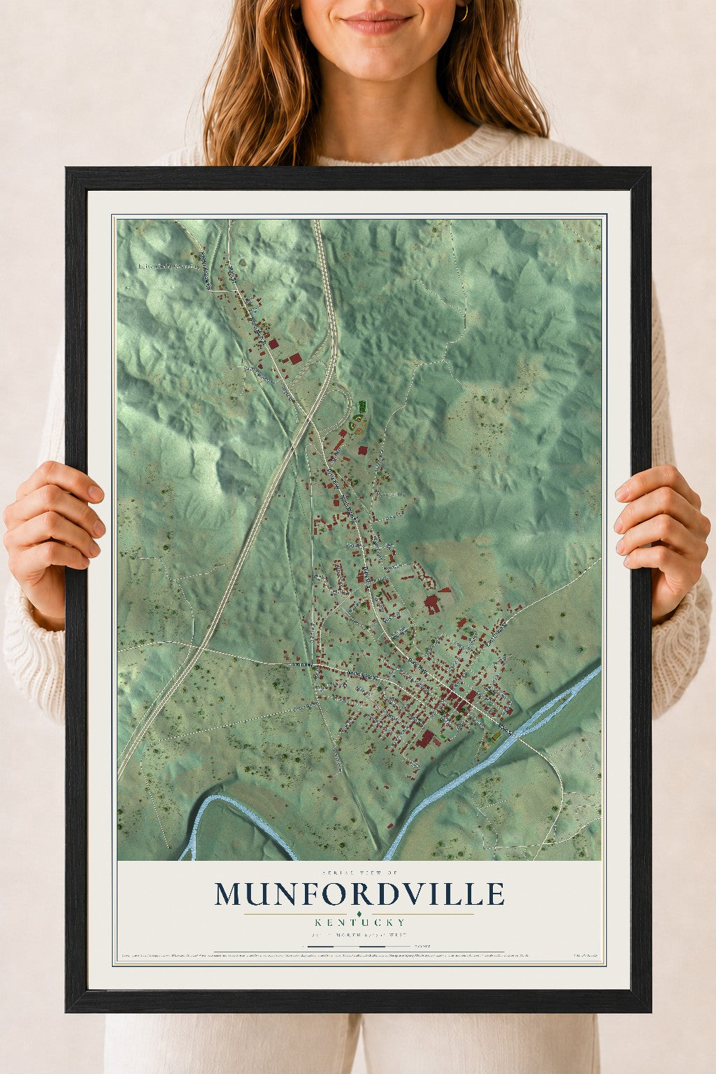 Map of Munfordville, Kentucky, 18 x 24 inch print in a black wood frame