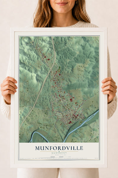 Map of Munfordville, Kentucky, 18 x 24 inch print in a white wood frame