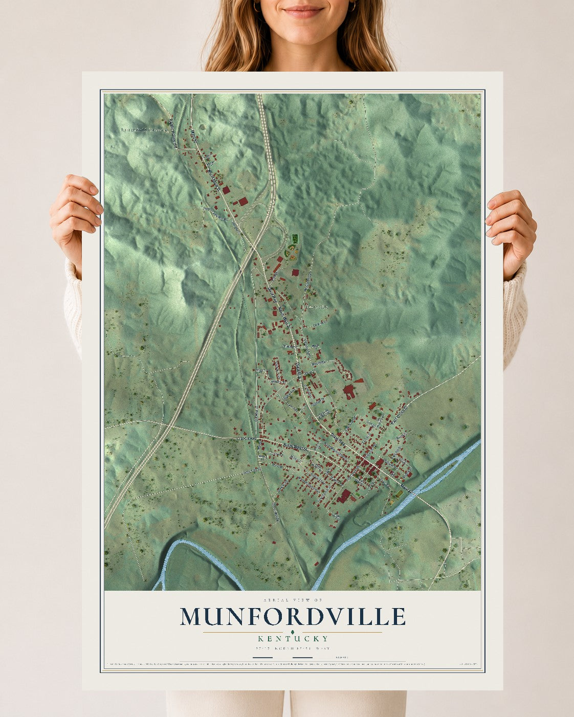Map of Munfordville, Kentucky, 24 x 36 inch unframed archival matte print