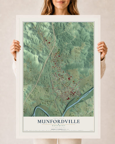 Map of Munfordville, Kentucky, 24 x 36 inch print in a white wood frame