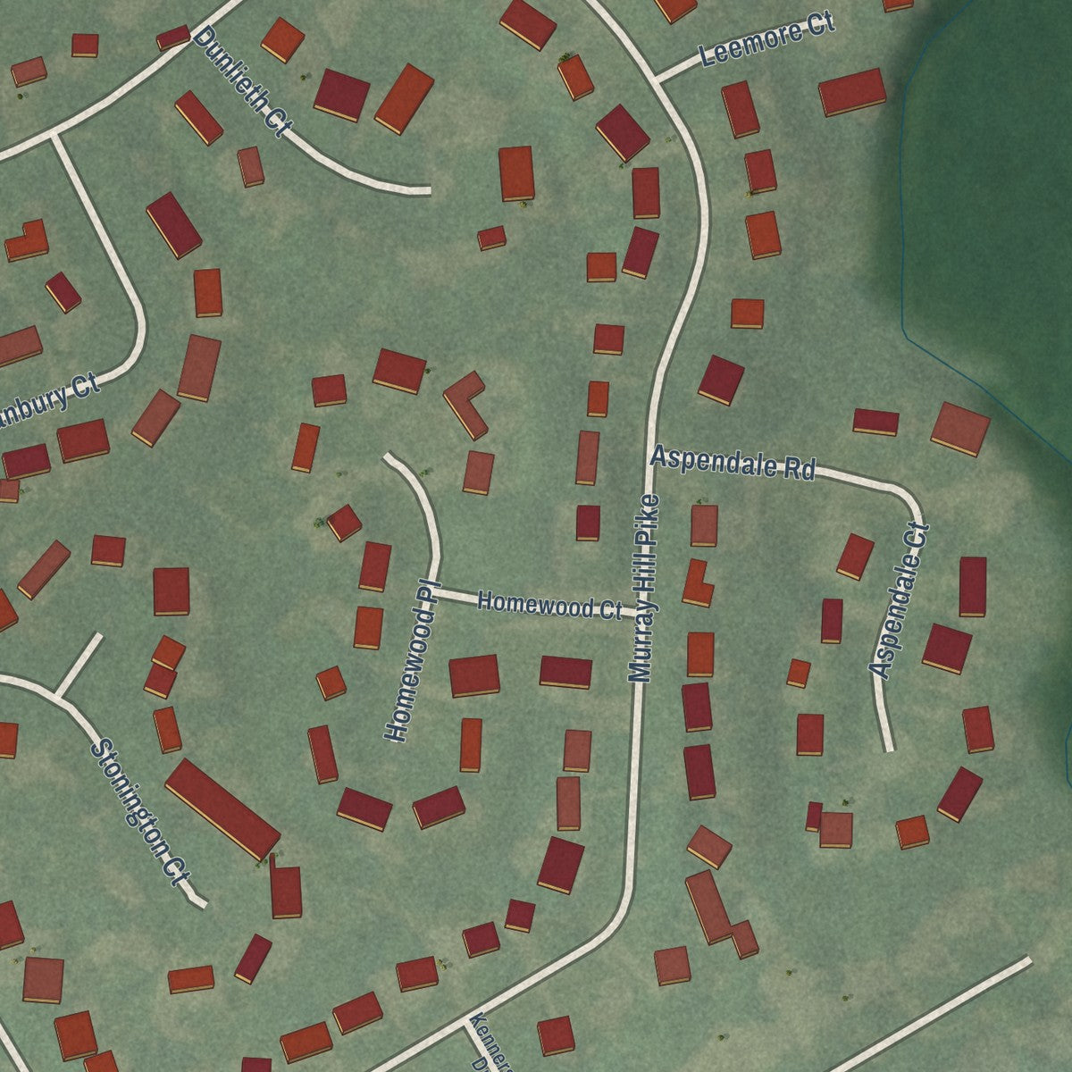 Second close-up of the map of Murray Hill, Kentucky print showing more streets and buildings