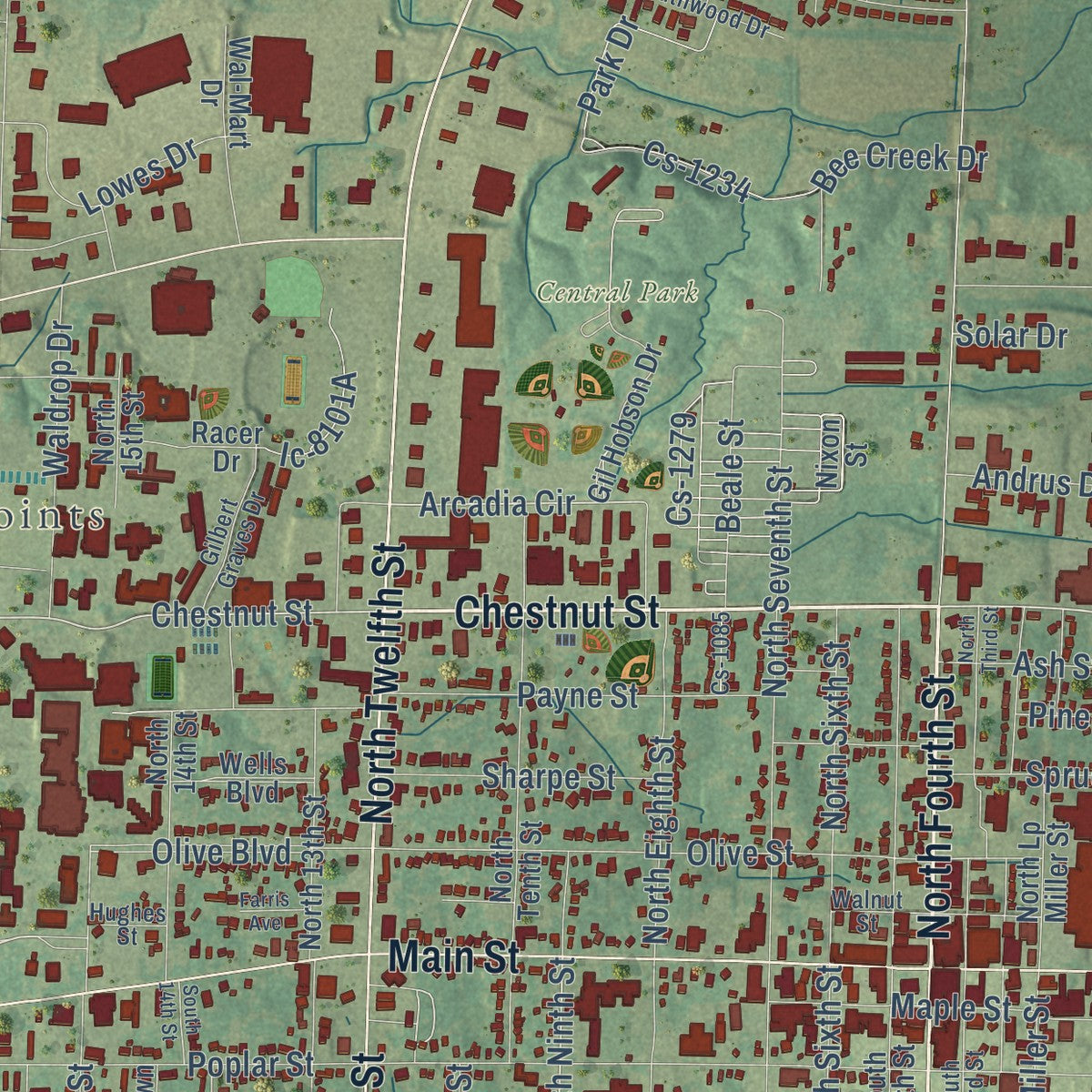 Close-up of the map of Murray, Kentucky print showing street and building detail
