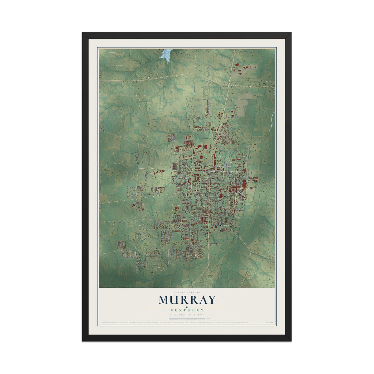 Map of Murray, Kentucky, 12 x 18 inch print in a black wood frame