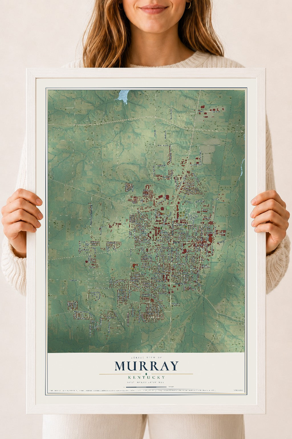 Map of Murray, Kentucky, 18 x 24 inch print in a white wood frame