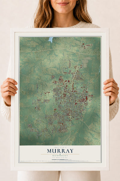 Map of Murray, Kentucky, 18 x 24 inch print in a white wood frame