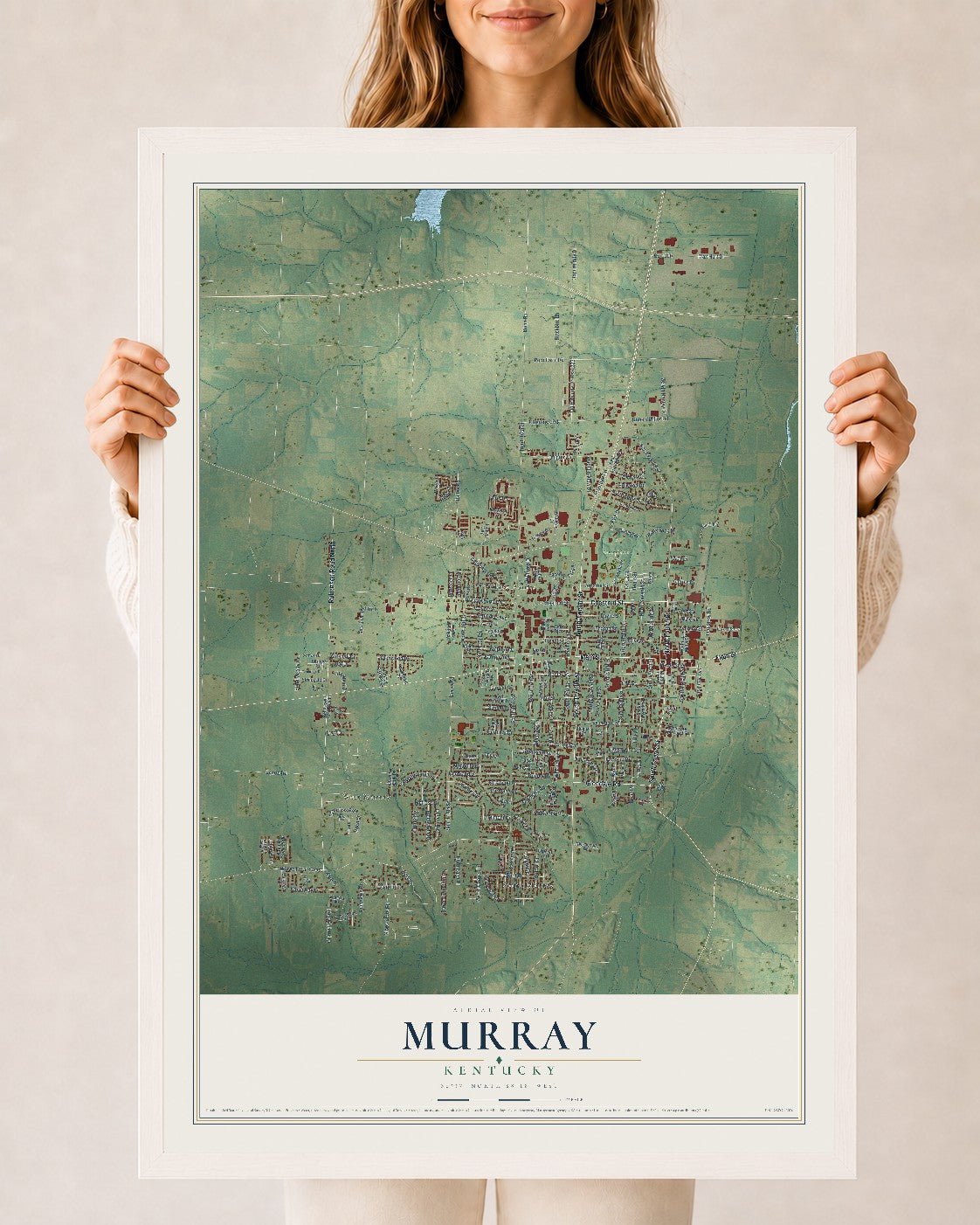 Map of Murray, Kentucky, 24 x 36 inch print in a white wood frame