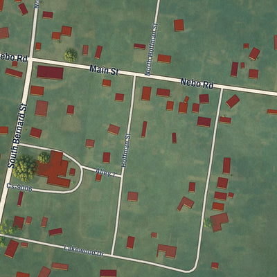 Close-up of the map of Nebo, Kentucky print showing street and building detail