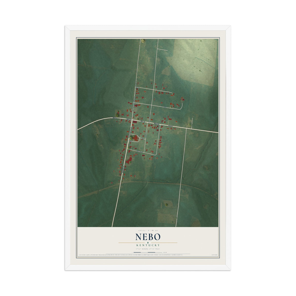 Map of Nebo, Kentucky, 12 x 18 inch print in a white wood frame