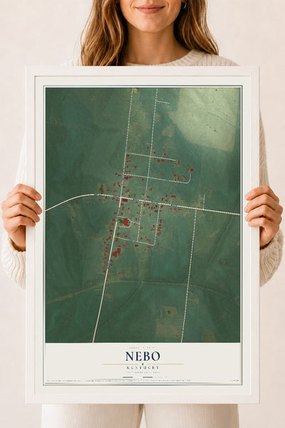 Map of Nebo, Kentucky, 18 x 24 inch print in a white wood frame