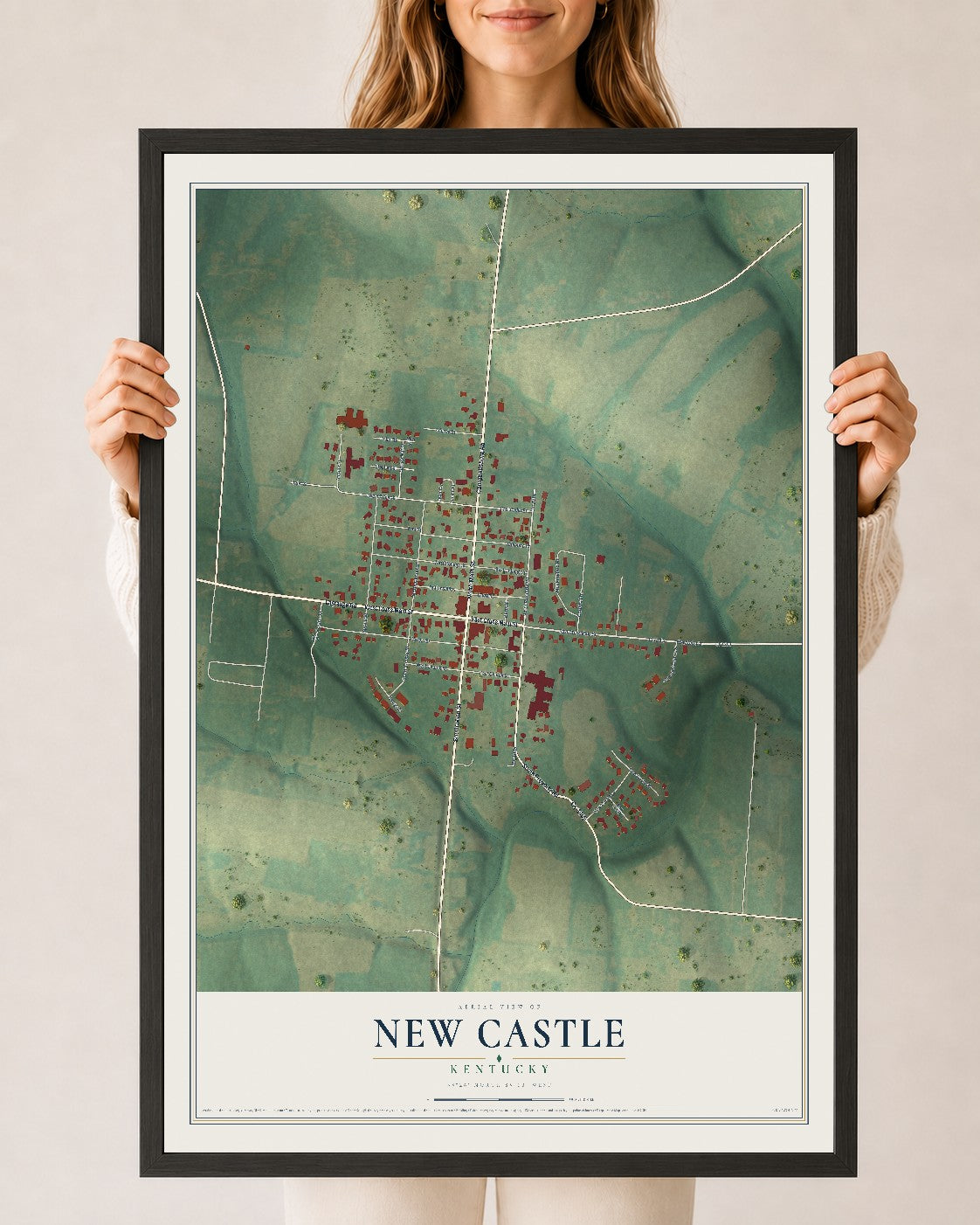 Map of New Castle, Kentucky, 24 x 36 inch print in a black wood frame
