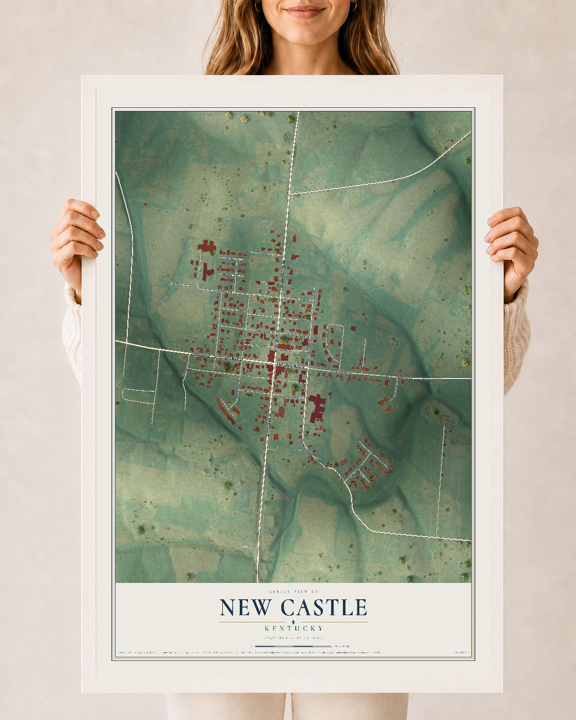 Map of New Castle, Kentucky, 24 x 36 inch print in a white wood frame