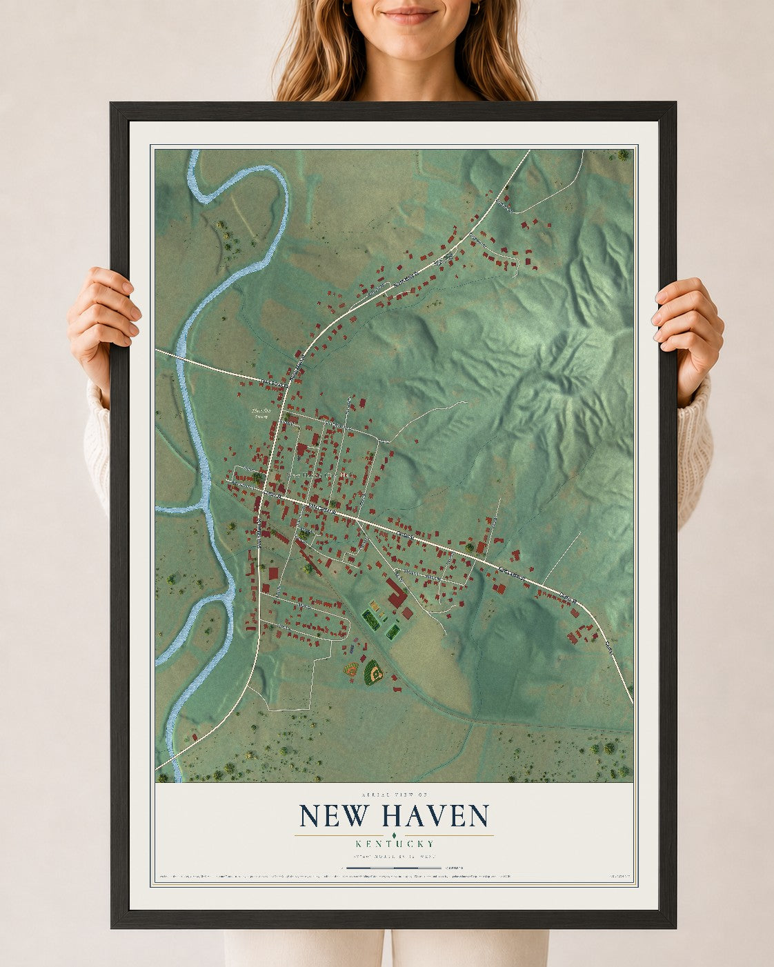 Map of New Haven, Kentucky, 24 x 36 inch print in a black wood frame