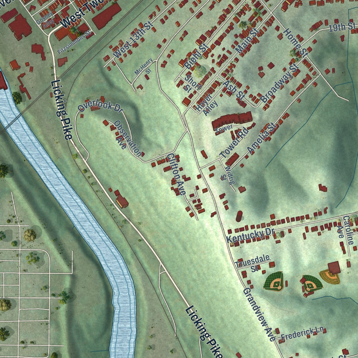 Second close-up of the map of Newport, Kentucky print showing more streets and buildings