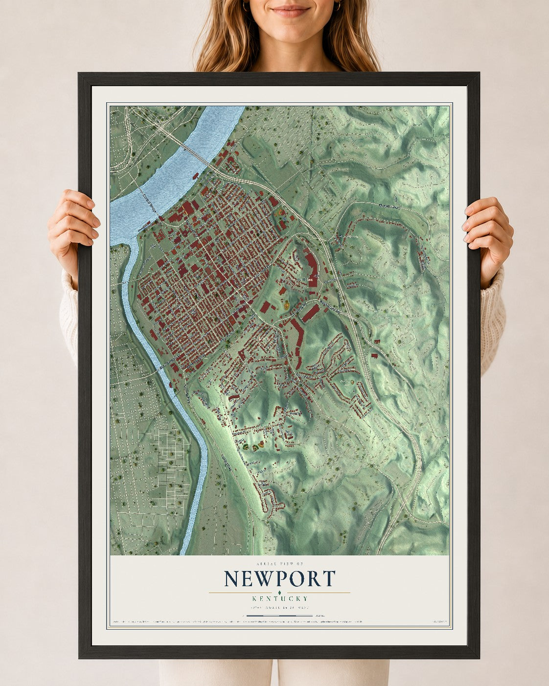 Map of Newport, Kentucky, 24 x 36 inch print in a black wood frame