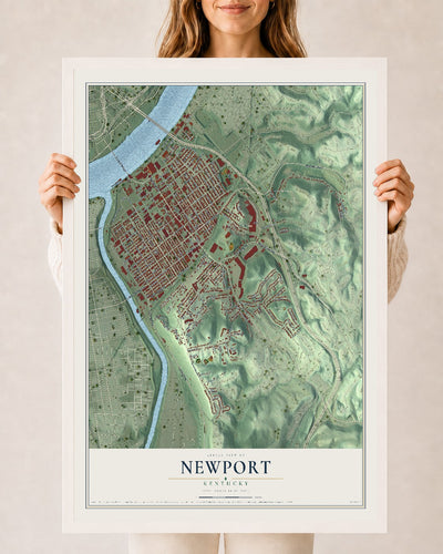 Map of Newport, Kentucky, 24 x 36 inch print in a white wood frame