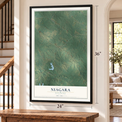 Niagara, Kentucky map, 24 x 36 inch print in a black frame by a staircase