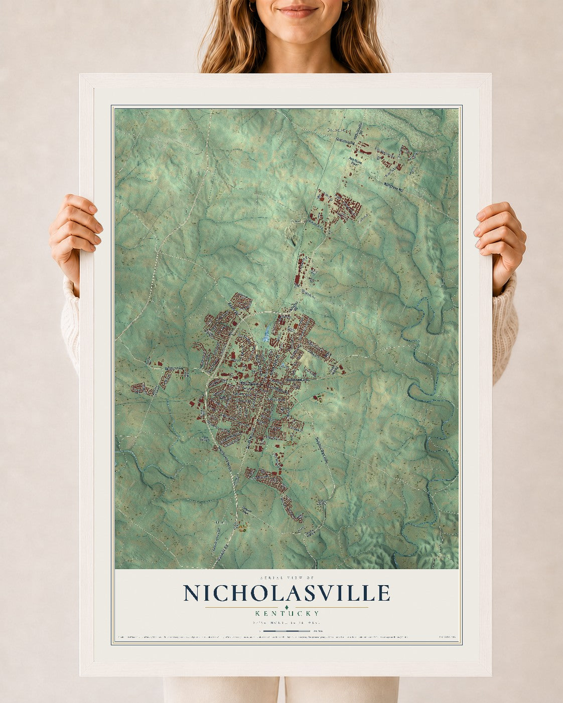 Map of Nicholasville, Kentucky, 24 x 36 inch print in a white wood frame