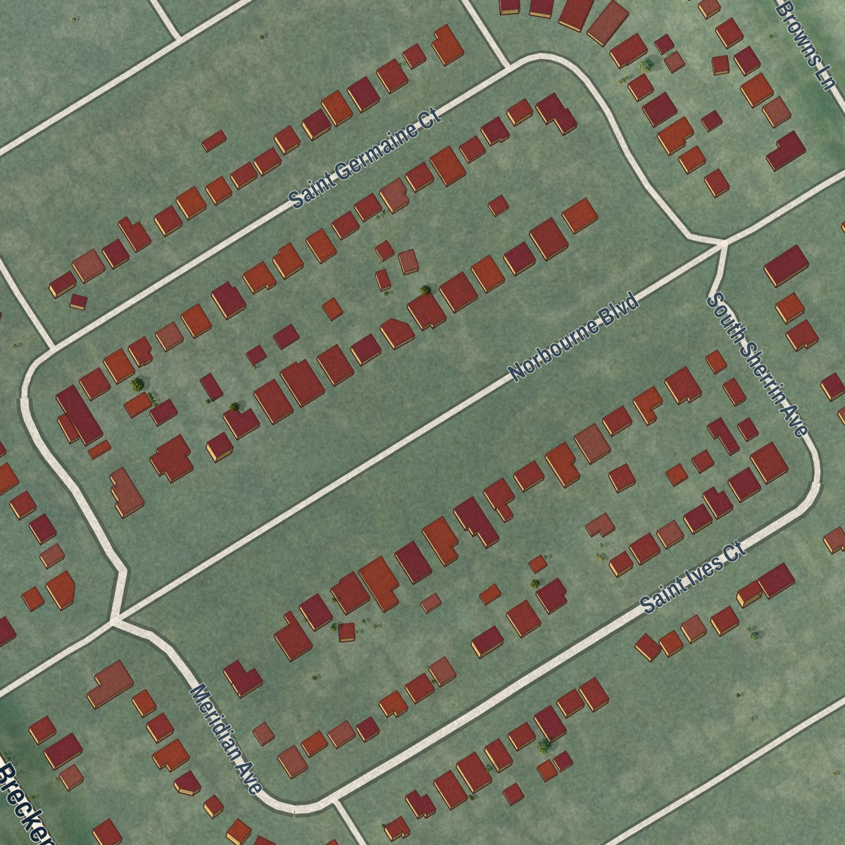 Close-up of the map of Norbourne Estates, Kentucky print showing street and building detail