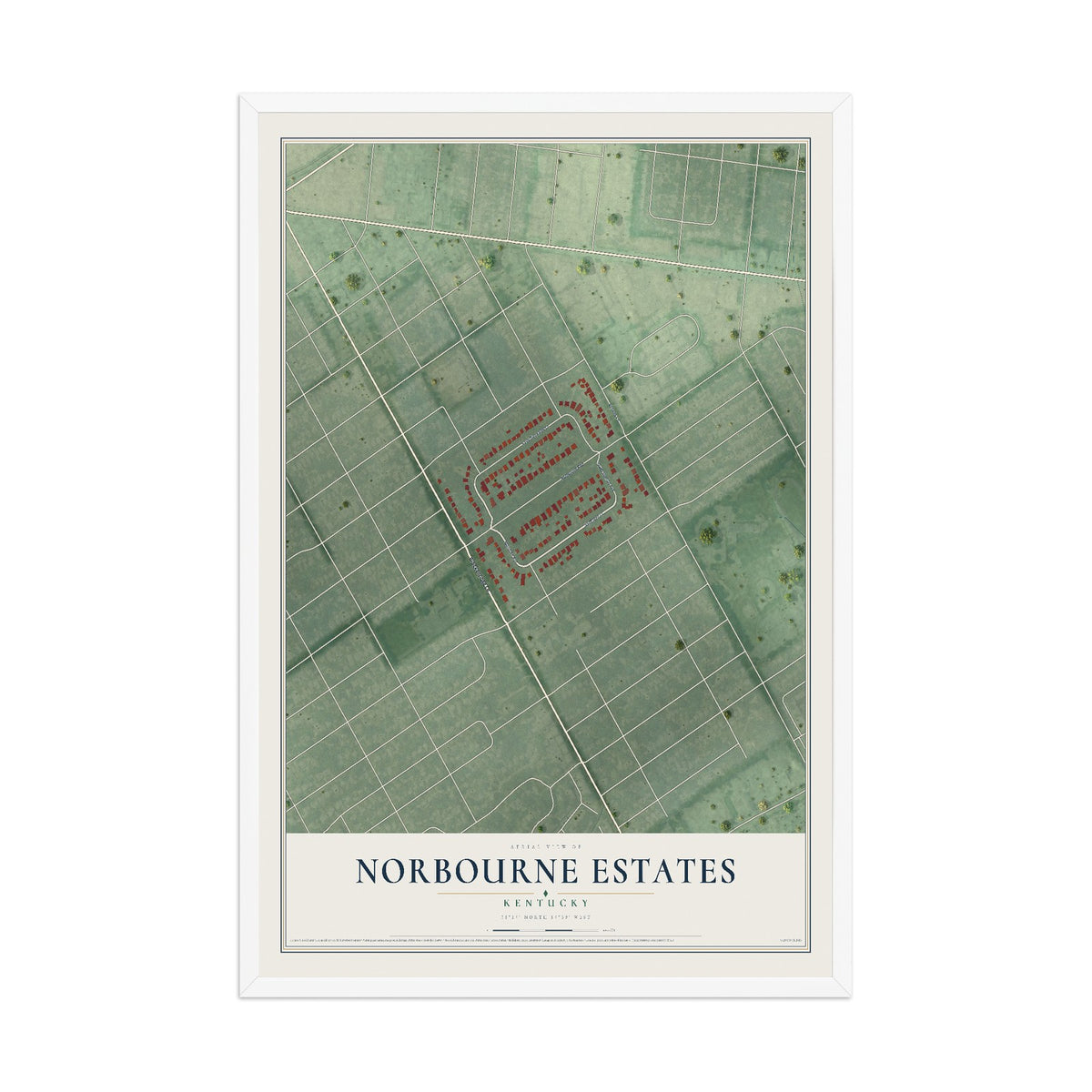 Map of Norbourne Estates, Kentucky, 12 x 18 inch print in a white wood frame