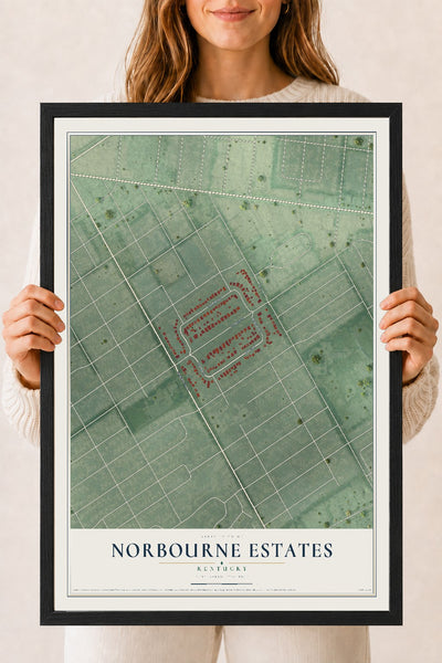 Map of Norbourne Estates, Kentucky, 18 x 24 inch print in a black wood frame