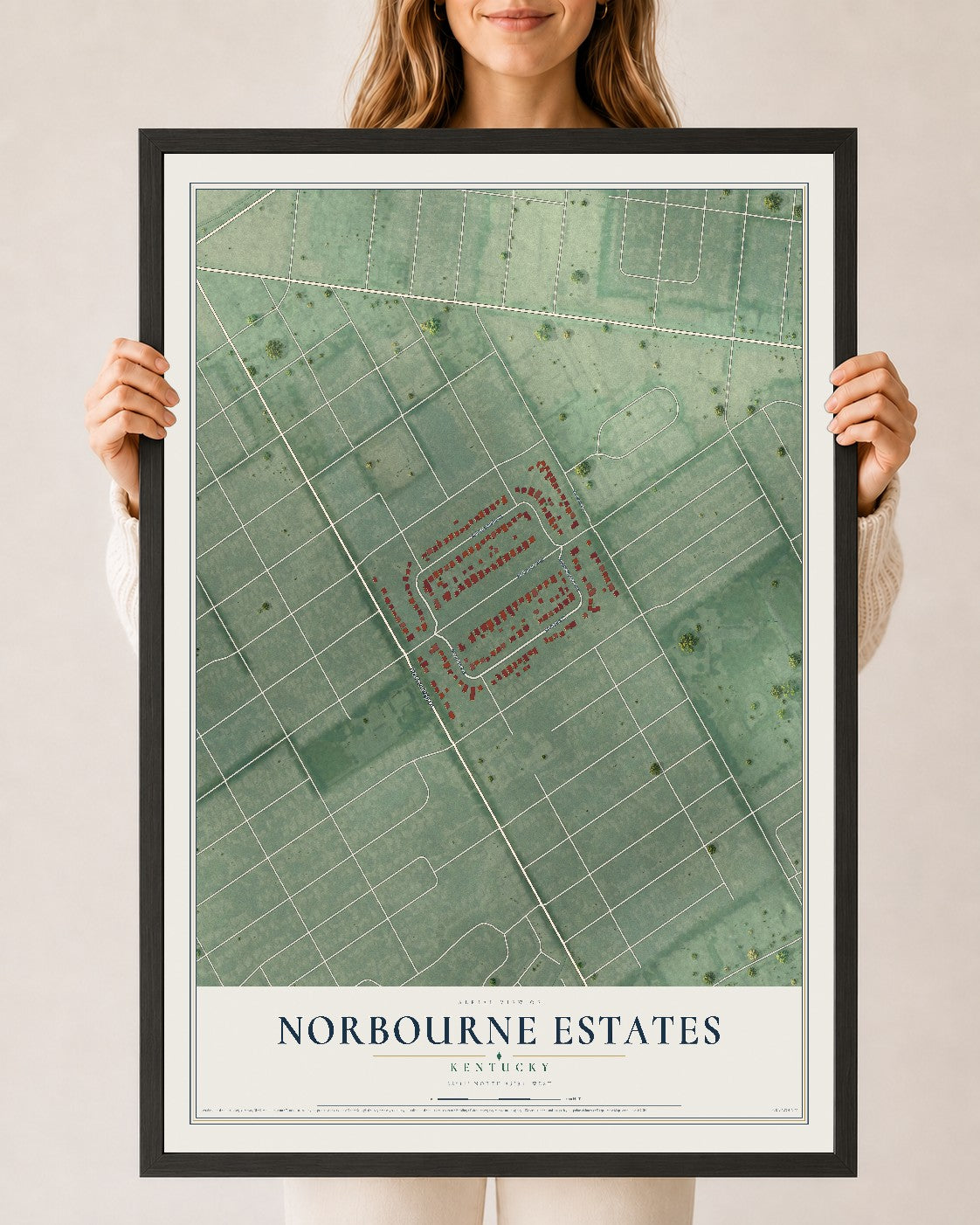 Map of Norbourne Estates, Kentucky, 24 x 36 inch print in a black wood frame