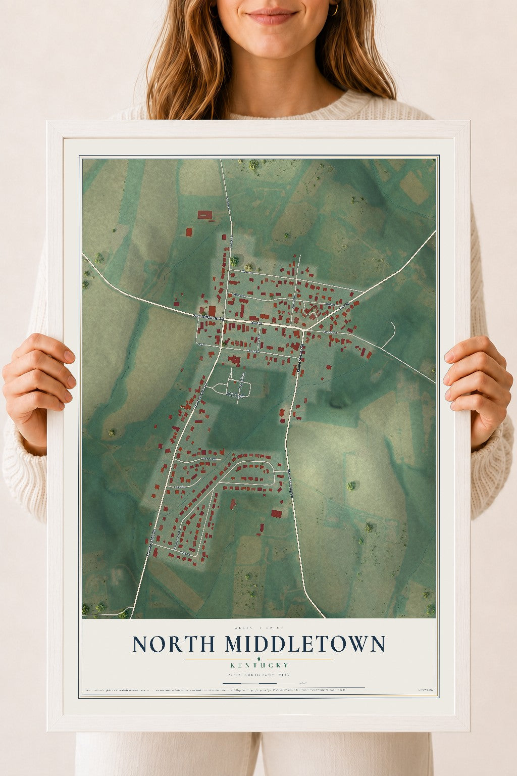 Map of North Middletown, Kentucky, 18 x 24 inch print in a white wood frame