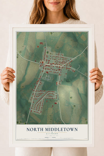 Map of North Middletown, Kentucky, 18 x 24 inch print in a white wood frame