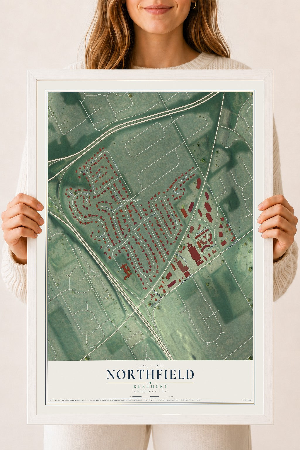 Map of Northfield, Kentucky, 18 x 24 inch print in a white wood frame