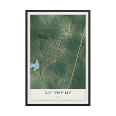 Map of Nortonville, Kentucky, 12 x 18 inch print in a black wood frame