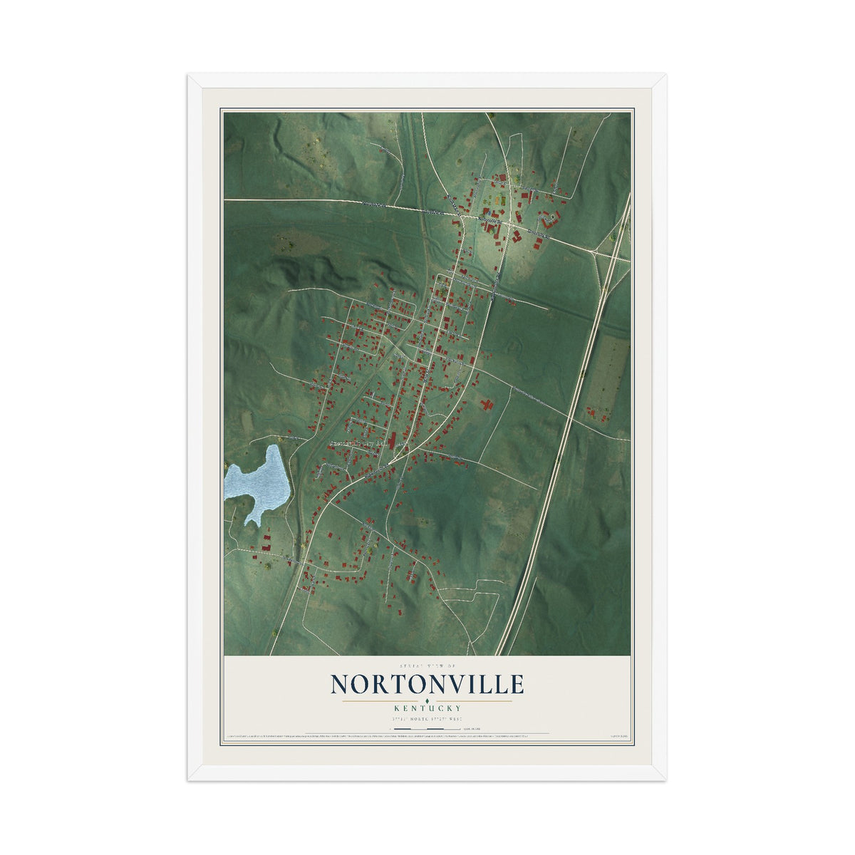 Map of Nortonville, Kentucky, 12 x 18 inch print in a white wood frame