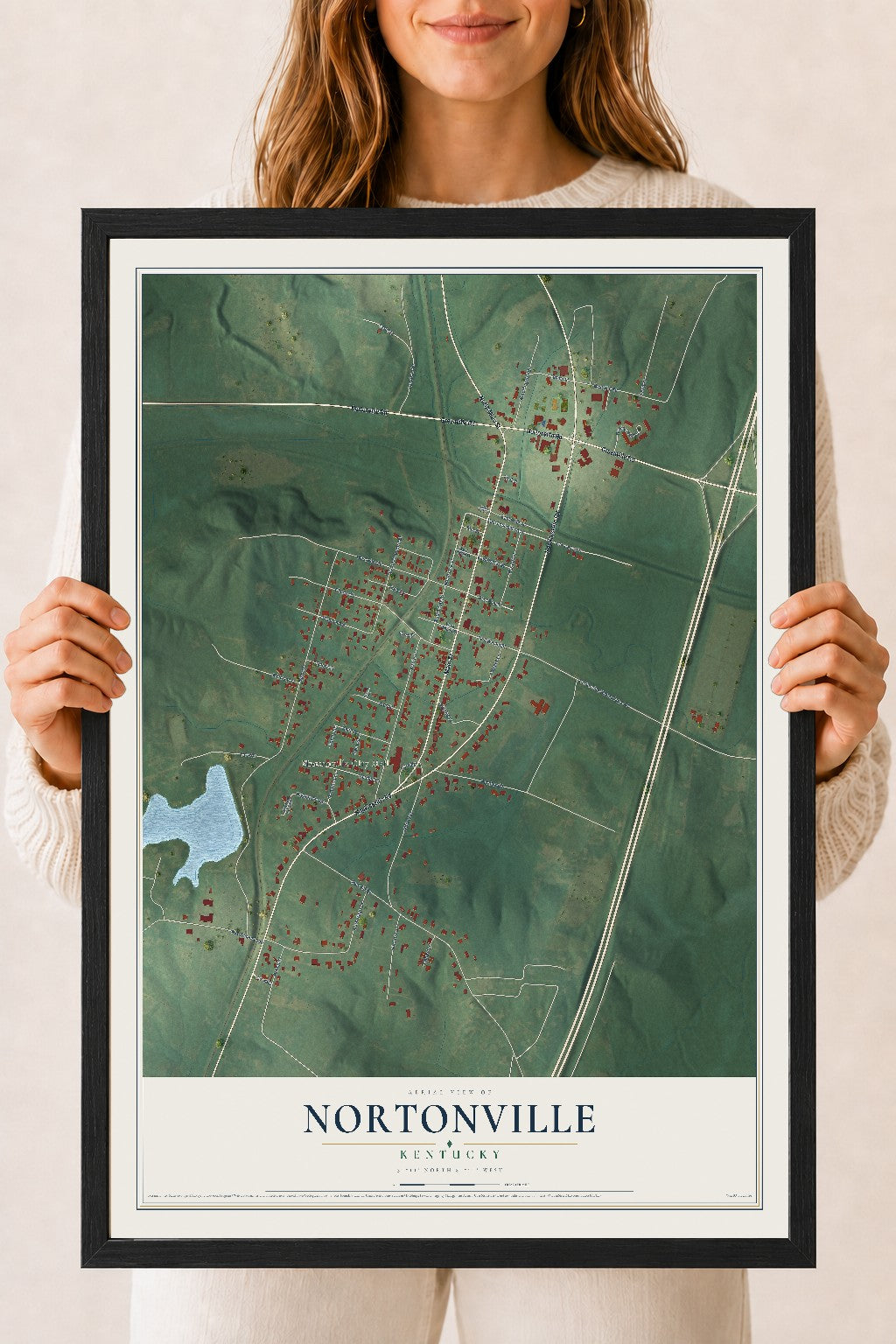 Map of Nortonville, Kentucky, 18 x 24 inch print in a black wood frame