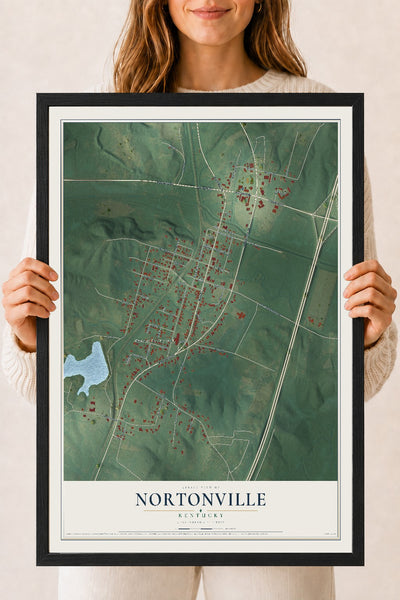 Map of Nortonville, Kentucky, 18 x 24 inch print in a black wood frame