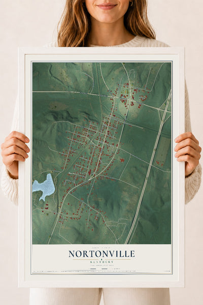 Map of Nortonville, Kentucky, 18 x 24 inch print in a white wood frame