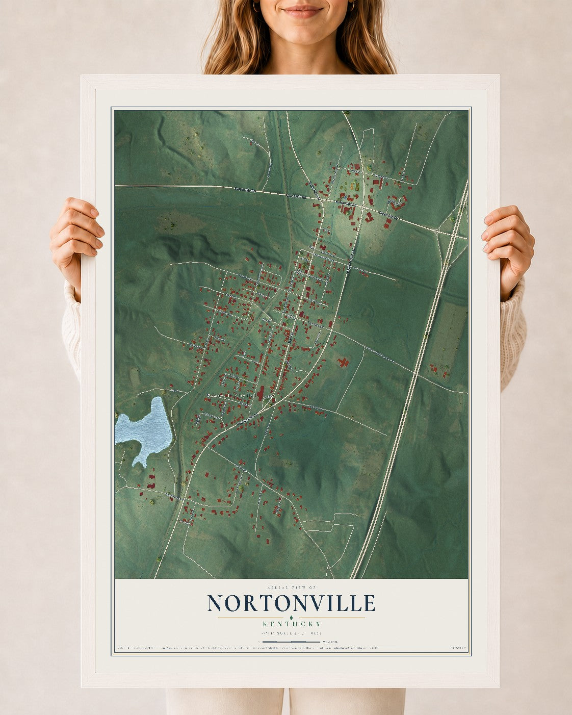 Map of Nortonville, Kentucky, 24 x 36 inch print in a white wood frame